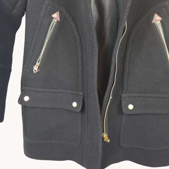 J.Crew‎ Womens 2 Italian Wool Hooded Tailored Coat Black Lined Gold Accents Warm - Picture 5 of 15